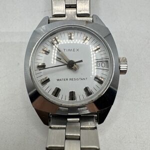 Vintage Timex Manual Wind TV Square Dial Date Silver Womens Watch- Working!